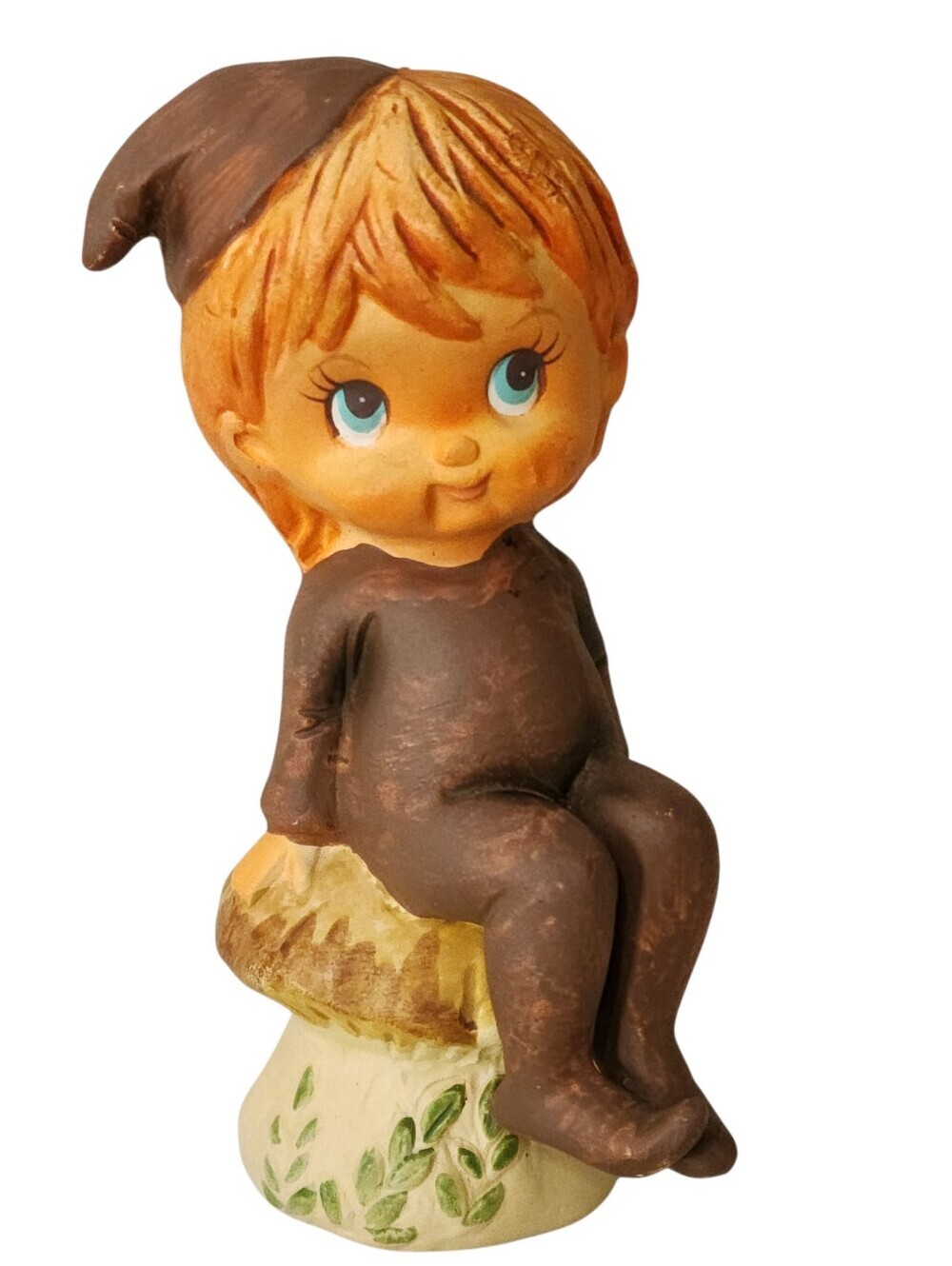 Vintage Ceramic Pixie Elf & Mushroom  Brownie Elf Big Blue Eyes Knick Knack Cute